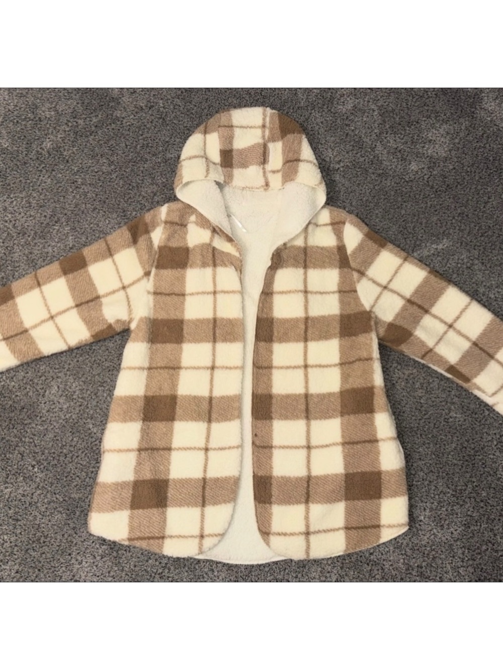 Plaid Hooded Teddy Jacket coat in Cream & Brown size XL NWOT